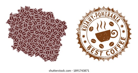 Coffee mosaic map of Kuyavian-Pomeranian Voivodeship and rubber stamp seal. Vector map of Kuyavian-Pomeranian Voivodeship collage is composed with coffee. Round rosette stamp in brown colors.