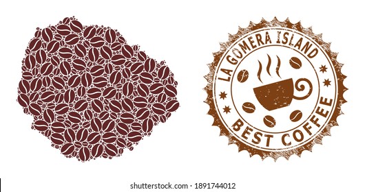 Coffee mosaic map of La Gomera Island and scratched stamp seal. Vector map of La Gomera Island collage is composed with coffee. Round rosette stamp in brown colors.