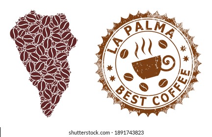 Coffee mosaic map of La Palma Island and corroded stamp. Vector map of La Palma Island collage is created with coffee grains. Round rosette stamp in brown colors.
