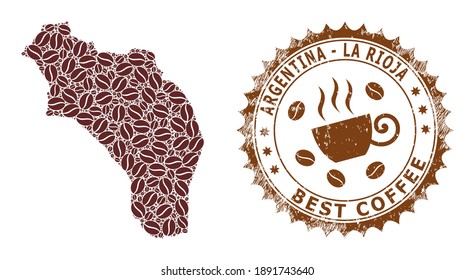 Coffee mosaic map of La Rioja of Argentina and unclean stamp seal. Vector map of La Rioja of Argentina collage is formed with coffee. Round rosette stamp in brown colors.