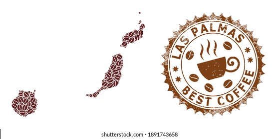 Coffee mosaic map of Las Palmas Province and corroded stamp. Vector map of Las Palmas Province collage is composed from chocolate beans. Round rosette stamp in brown colors.