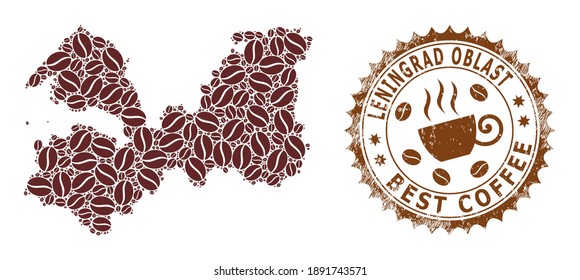Coffee mosaic map of Leningrad Region and scratched stamp. Vector map of Leningrad Region collage is designed of chocolate grains. Round rosette stamp in brown colors.