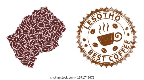 Coffee mosaic map of Lesotho and scratched stamp. Vector map of Lesotho collage is composed from cocoa. Round rosette stamp in brown colors. Vector composition for best coffee shops marks.