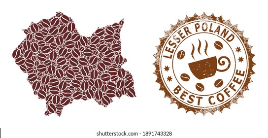 Coffee mosaic map of Lesser Poland Voivodeship and grunge stamp seal. Vector map of Lesser Poland Voivodeship collage is composed with coffee grains. Round rosette stamp in brown colors.