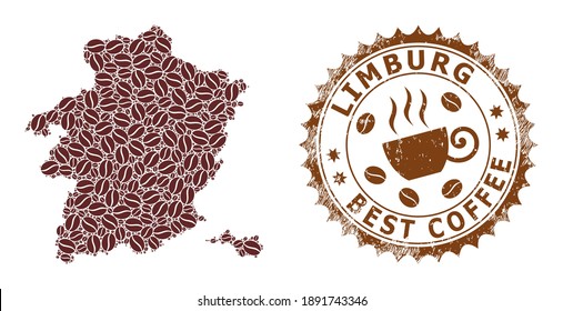 Coffee mosaic map of Limburg Province and unclean stamp. Vector map of Limburg Province collage is designed from coffee beans. Round rosette stamp in brown colors.