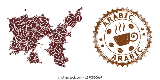 Coffee mosaic map of Limnos Island and Arabic distress stamp seal. Vector map of Limnos Island collage is composed from coffee. Round rosette stamp in brown colors with Arabic text.