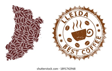 Coffee mosaic map of Lleida Province and grunge stamp seal. Vector map of Lleida Province collage is formed of cocoa beans. Round rosette stamp in brown colors.