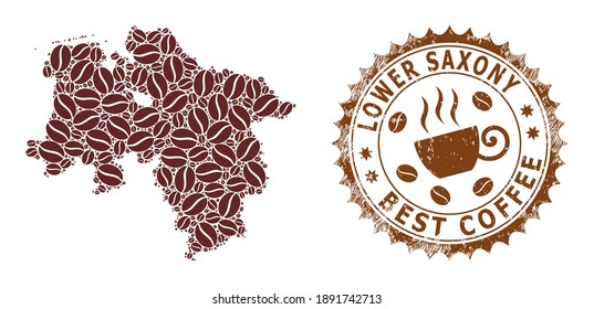 Mapa del mosaico del café de la Tierra Baja de Sajonia y sello de goma. Mapa vectorial del collage de tierras de Baja Sajonia se forma a partir de semillas de chocolate. Sello rosetón redondo de colores marrones.