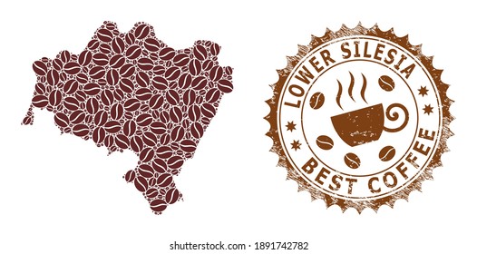 Coffee mosaic map of Lower Silesian Voivodeship and distress mark. Vector map of Lower Silesian Voivodeship collage is composed from coffee. Round rosette stamp in brown colors.