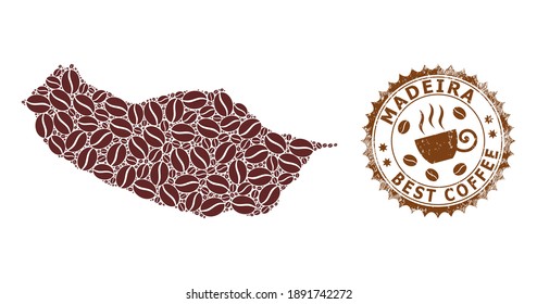 Coffee mosaic map of Madeira and corroded badge. Vector map of Madeira collage is formed of coffee grains. Round rosette stamp in brown colors. Vector composition for best coffee shops purposes.