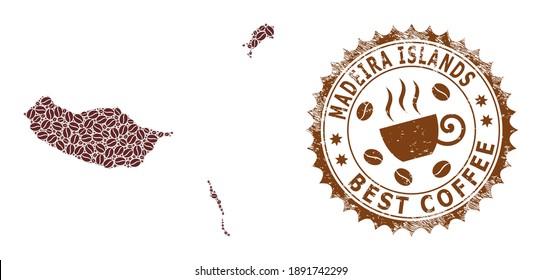 Coffee mosaic map of Madeira Islands and scratched stamp seal. Vector map of Madeira Islands collage is designed of chocolate beans. Round rosette stamp in brown colors.