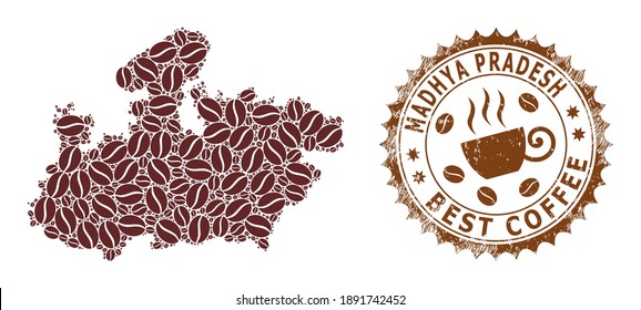 Coffee mosaic map of Madhya Pradesh State and scratched stamp seal. Vector map of Madhya Pradesh State collage is created of cocoa beans. Round rosette stamp in brown colors.