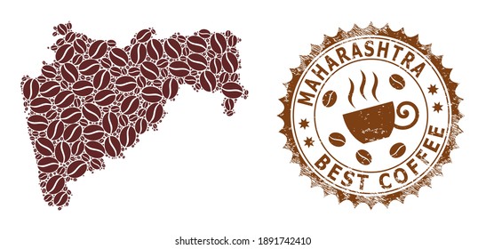Coffee mosaic map of Maharashtra State and distress mark. Vector map of Maharashtra State collage is formed with chocolate beans. Round rosette stamp in brown colors.