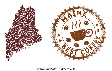 Coffee mosaic map of Maine State and scratched stamp seal. Vector map of Maine State collage is formed of coffee beans. Round rosette stamp in brown colors.