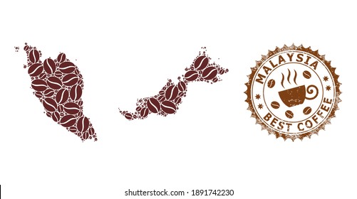 Coffee mosaic map of Malaysia and corroded stamp. Vector map of Malaysia collage is designed from coffee. Round rosette stamp in brown colors. Flat composition for best coffee shops applications.