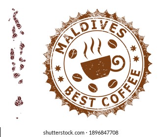 Coffee mosaic map of Maldives and rubber stamp. Vector map of Maldives collage is created from chocolate seeds. Round rosette stamp in brown colors. Vector composition for best coffeeshop marks.