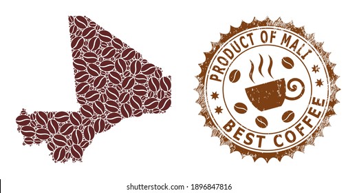 Mapa de mosaico de café de Mali y sello rascado. El mapa vectorial del collage de Mali se compone de granos de café. Sello rosetón redondo de colores marrones. Composición abstracta de los mejores anuncios de cafetería.