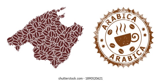 Coffee mosaic map of Mallorca and Arabica corroded stamp seal. Vector map of Mallorca collage is composed with coffee. Round rosette stamp in brown colors with Arabica slogan.