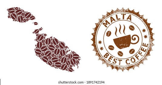 Coffee mosaic map of Malta and corroded stamp seal. Vector map of Malta collage is created from coffee grains. Round rosette stamp in brown colors.