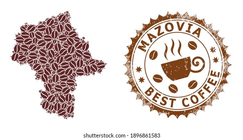 Coffee mosaic map of Masovian Voivodeship and corroded stamp. Vector map of Masovian Voivodeship collage is created of coffee. Round rosette stamp in brown colors.