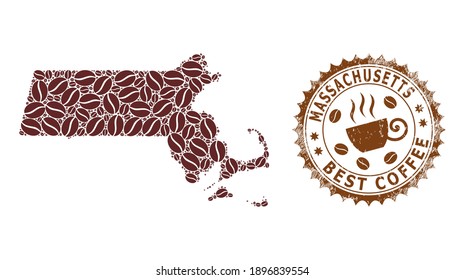 Coffee mosaic map of Massachusetts State and unclean stamp. Vector map of Massachusetts State collage is formed from chocolate seeds. Round rosette stamp in brown colors.