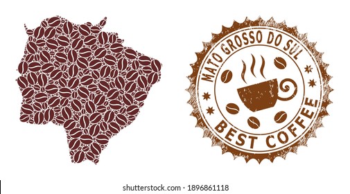 Mapa de mosaicos de café del estado de Mato Grosso do Sul y sello de emergencia. Mapa vectorial del collage del estado de Mato Grosso do Sul se crea a partir de granos de café. Sello rosetón redondo de colores marrones.