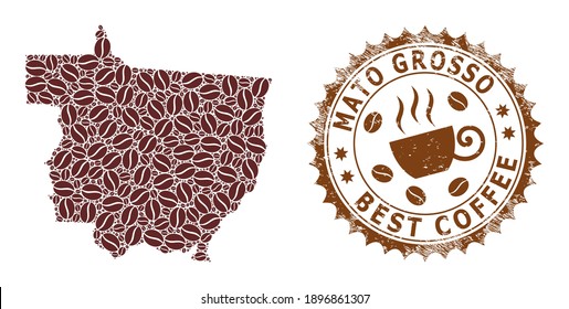 Kaffee-Mosaikkarte des Mato Grosso-Staates und Stempelsiegel. Die Vektorkarte der Mato Grosso Staatskollage wird mit Kakao erstellt. Rundstempel in braunen Farben.