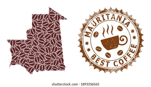 Coffee mosaic map of Mauritania and unclean badge. Vector map of Mauritania collage is designed with coffee grains. Round rosette stamp in brown colors.