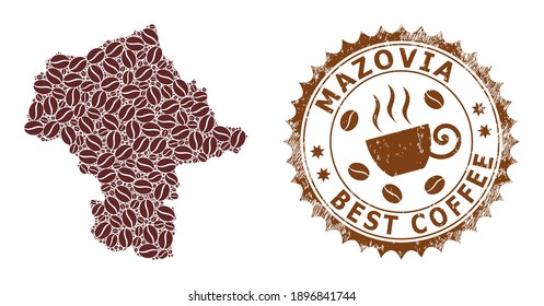 Coffee mosaic map of Mazovia Province and corroded stamp seal. Vector map of Mazovia Province collage is composed of coffee seeds. Round rosette stamp in brown colors.