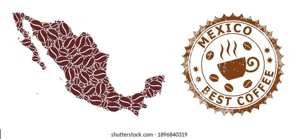 Mapa de mosaico de café de México y sello de grunge. El mapa vectorial del collage de México está formado por granos de café. Sello rosetón redondo de colores marrones. Composición plana para las mejores ilustraciones de restaurantes.