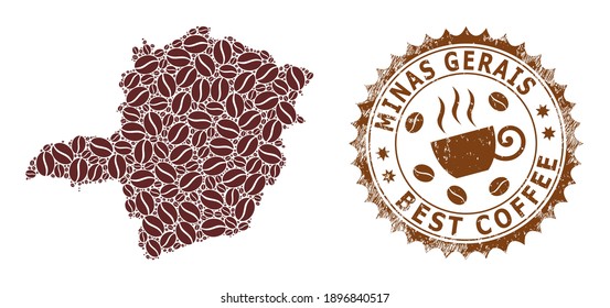 Coffee mosaic map of Minas Gerais State and scratched stamp seal. Vector map of Minas Gerais State collage is formed with coffee beans. Round rosette stamp in brown colors.