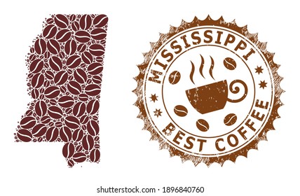 Coffee mosaic map of Mississippi State and unclean stamp. Vector map of Mississippi State collage is created from chocolate grains. Round rosette stamp in brown colors.