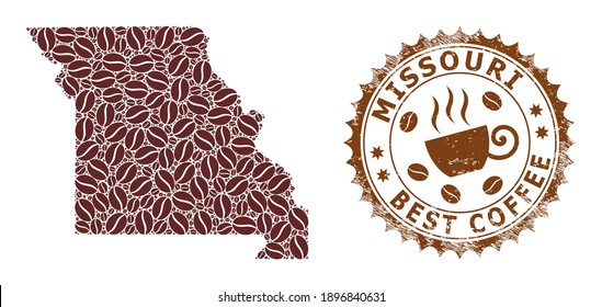 Coffee mosaic map of Missouri State and distress badge. Vector map of Missouri State collage is created of coffee grains. Round rosette stamp in brown colors.