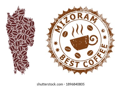 Mapa de mosaicos de café del estado de Mizoram y foca raspada. Mapa vectorial del collage del estado de Mizoram está diseñado de semillas de café. Sello rosetón redondo de colores marrones.