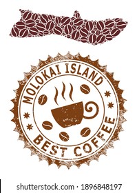 Coffee mosaic map of Molokai Island and grunge badge. Vector map of Molokai Island collage is designed of coffee grains. Round rosette stamp in brown colors.