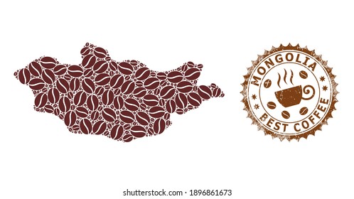 Kaffeemaschine Karte der Mongolei und Gummidichtung. Die Vektorkarte der Mongolei-Kollektion ist aus Kaffeekörnern entworfen. Rundstempel in braunen Farben. Vektorkomposition für beste Coffeeshops markieren.