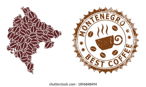 Coffee mosaic map of Montenegro and unclean stamp. Vector map of Montenegro collage is formed from coffee. Round rosette stamp in brown colors. Vector composition for best coffee delivery projects.