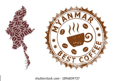 Coffee mosaic map of Myanmar and grunge stamp. Vector map of Myanmar collage is created of coffee grains. Round rosette stamp in brown colors. Abstract composition for best restaurant purposes.
