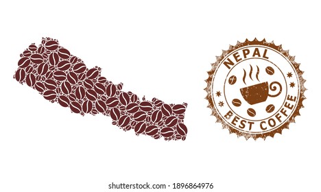 Mapa del mosaico del café de Nepal y sello de angustia. Mapa vectorial del collage de Nepal creado a partir de semillas de café. Sello rosetón redondo de colores marrones. Composición abstracta de los mejores papeles de pared de las cafeterías.