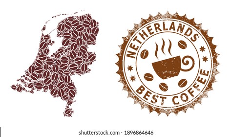 Coffee mosaic map of Netherlands and distress stamp. Vector map of Netherlands collage is formed of coffee beans. Round rosette stamp in brown colors.