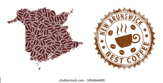 Coffee mosaic map of New Brunswick Province and rubber stamp. Vector map of New Brunswick Province collage is composed from coffee beans. Round rosette stamp in brown colors.