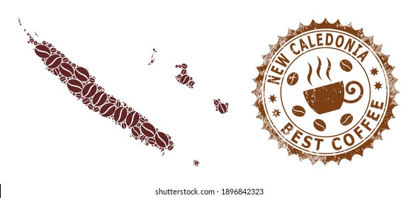 Coffee mosaic map of New Caledonia Islands and distress stamp. Vector map of New Caledonia Islands collage is formed from coffee grains. Round rosette stamp in brown colors.