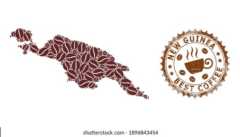 Coffee mosaic map of New Guinea and rubber stamp seal. Vector map of New Guinea collage is designed of chocolate beans. Round rosette stamp in brown colors.