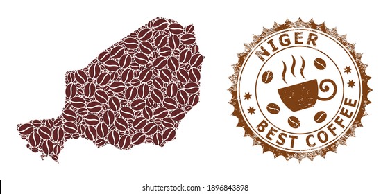 Coffee mosaic map of Niger and scratched mark. Vector map of Niger collage is composed with coffee grains. Round rosette stamp in brown colors. Vector composition for best coffeeshop labels.