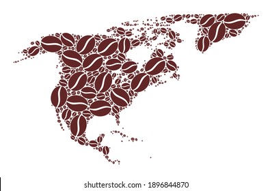 Coffee mosaic map of North America and Greenland and scratched stamp. Vector map of North America and Greenland collage is formed with coffee grains. Round rosette stamp in brown colors.