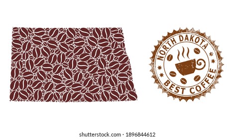 Mapa de mosaicos de café del estado de Dakota del Norte y sello de grunge. Mapa vectorial del collage del estado de Dakota del Norte está formado por granos de café. Sello rosetón redondo de colores marrones.