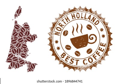 Coffee mosaic map of North Holland and grunge stamp seal. Vector map of North Holland collage is designed from chocolate. Round rosette stamp in brown colors.