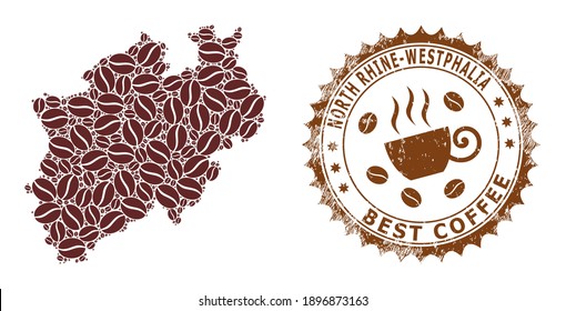 Coffee mosaic map of North Rhine-Westphalia Land and rubber stamp. Vector map of North Rhine-Westphalia Land collage is designed of coffee grains. Round rosette stamp in brown colors.