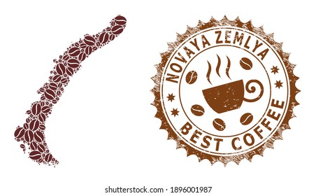 Coffee mosaic map of Novaya Zemlya Islands and grunge stamp. Vector map of Novaya Zemlya Islands collage is formed with chocolate. Round rosette stamp in brown colors.