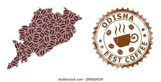 Kaffee-Mosaikkarte des Odisha-Staates und Stempelsiegel. Die Vektorkarte der Odisha State Collage besteht aus Kaffeekörnern. Rundstempel in braunen Farben.